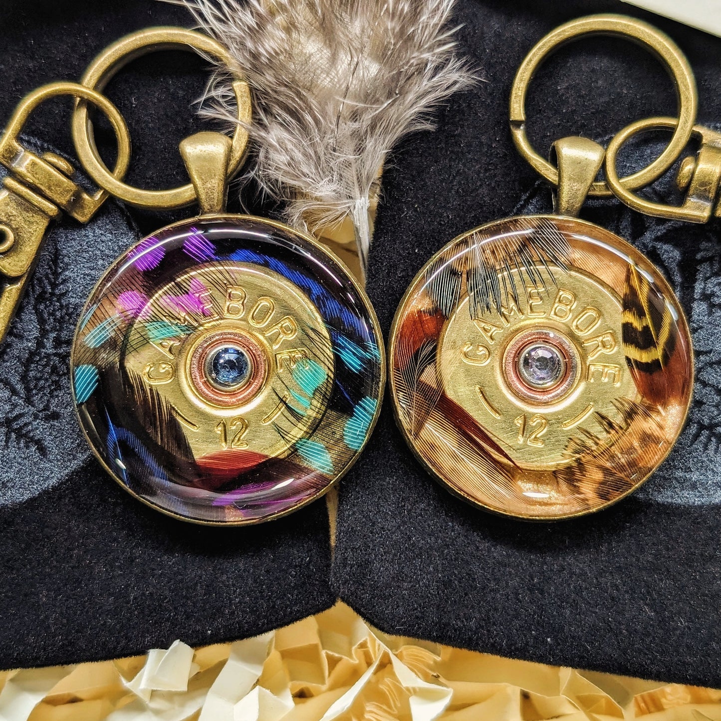 Spectrum Shell Tags - with coloured feathers