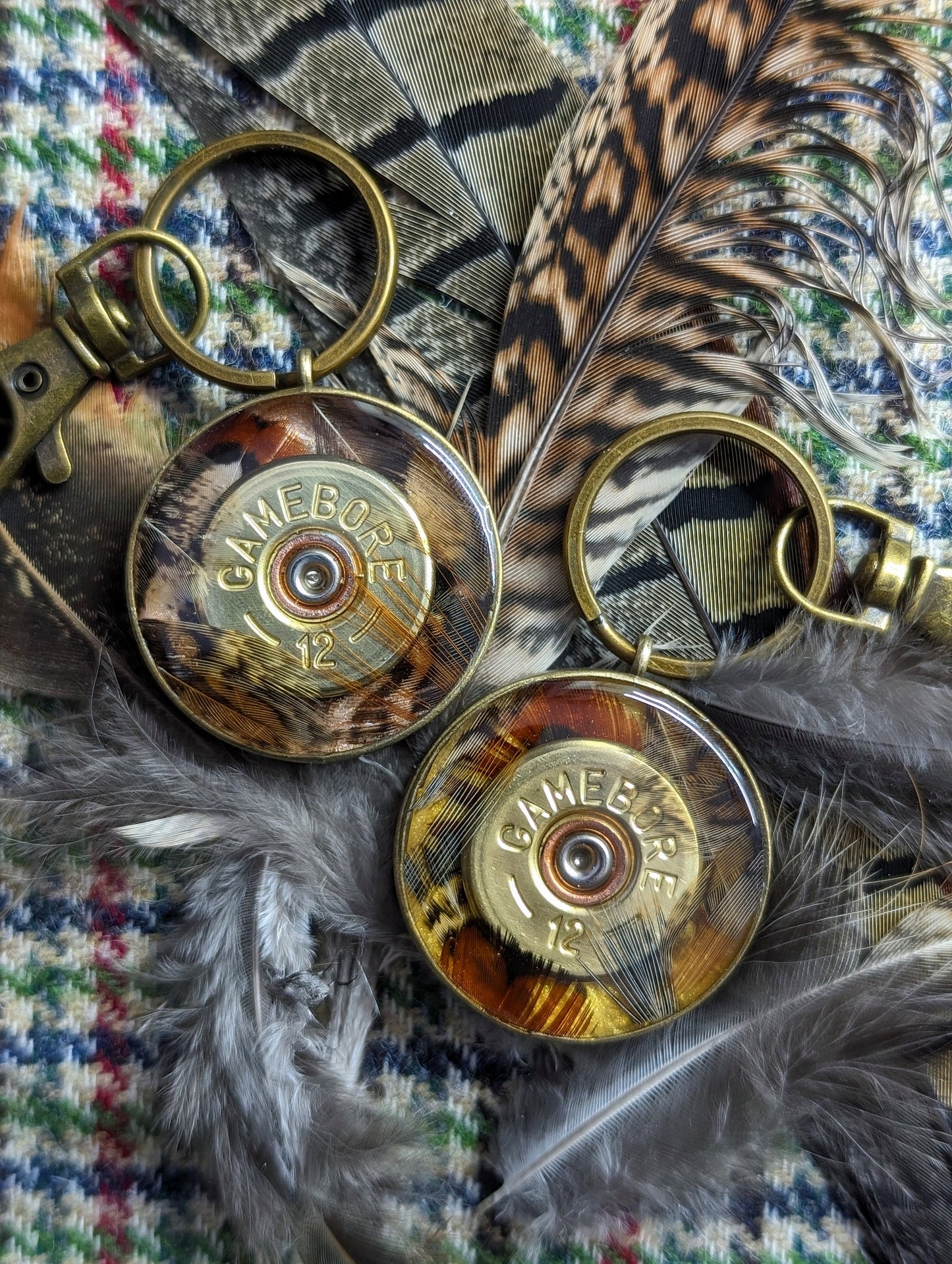 Smoke & Barrel Shell Tags - with feathers