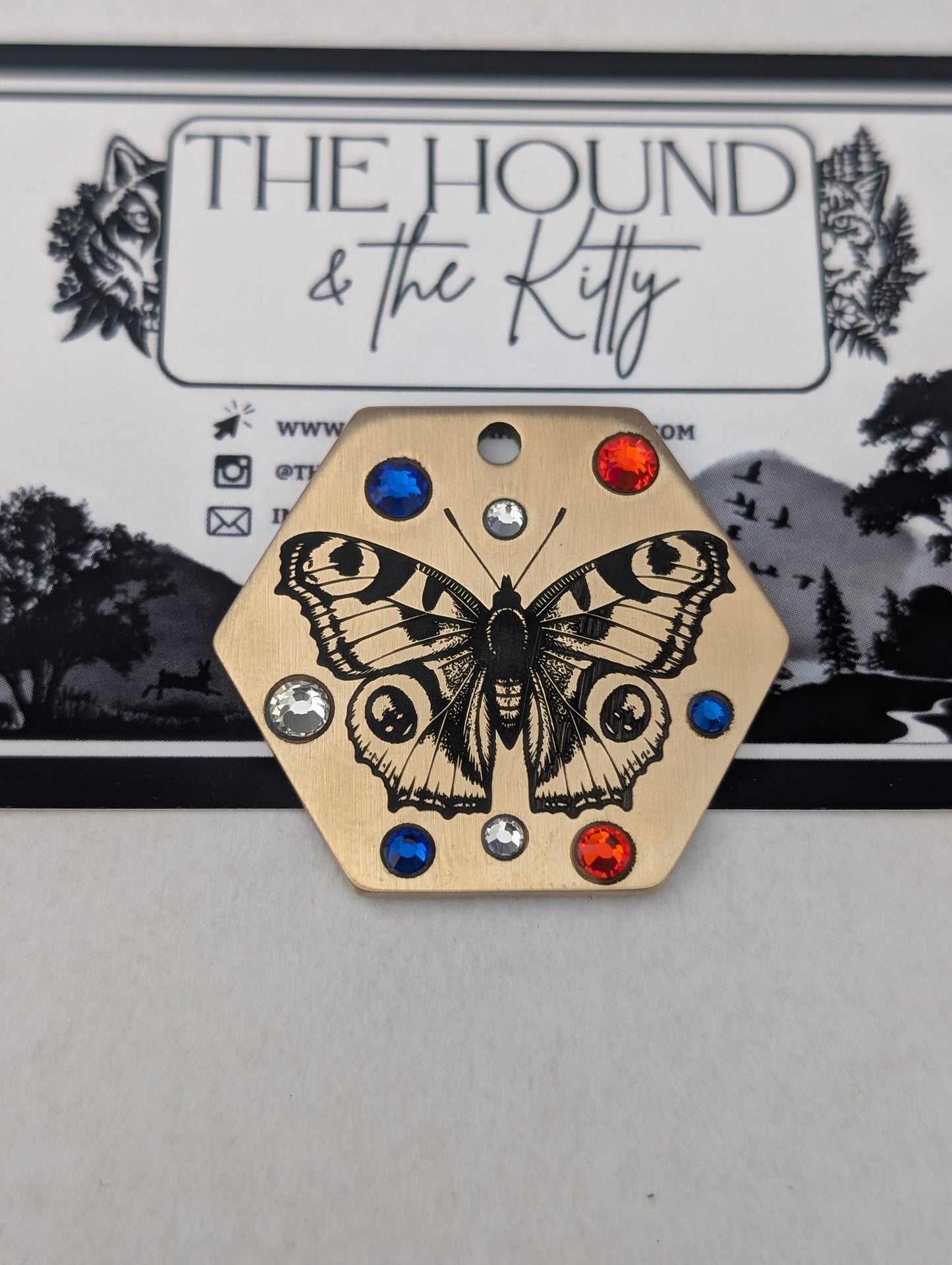 Peacock Butterfly Brass Hexagon Crystal tag